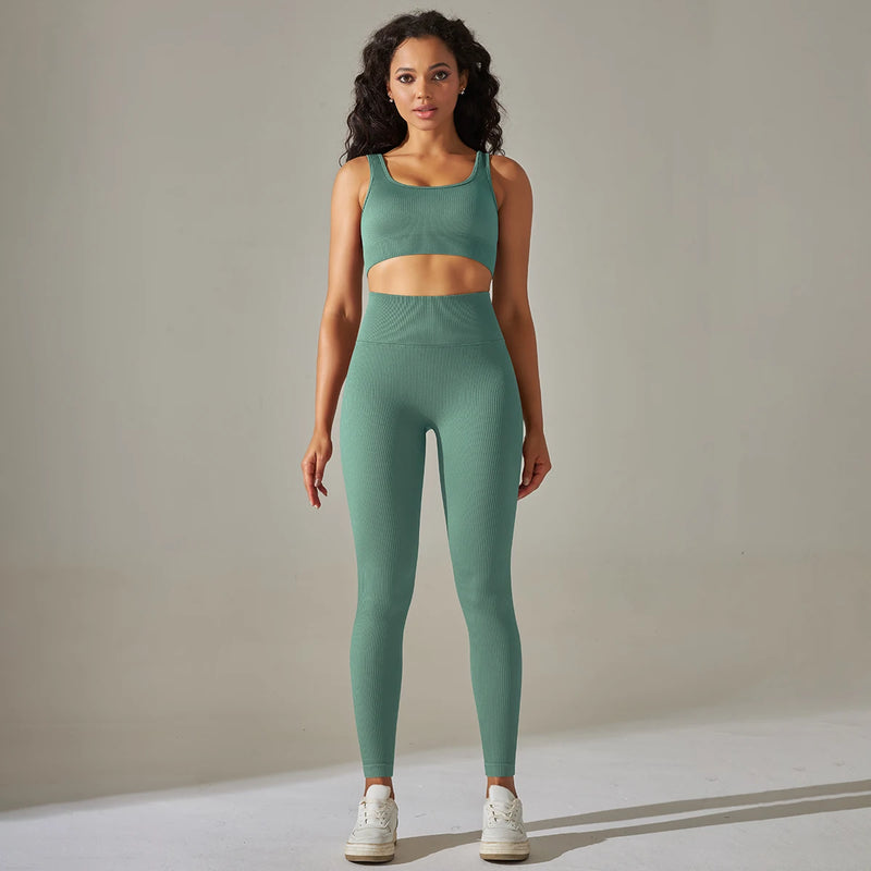 Conjunto Fitness Feminino Ribbed – Top Push-Up e Leggings Sem Costura, Yoga e Treino