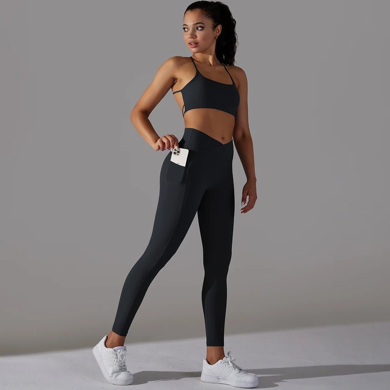 Conjunto Fitness Feminino – Leggings com Bolso e Top Sexy, Levanta Bumbum, Secagem Rápida, Yoga e Corrida