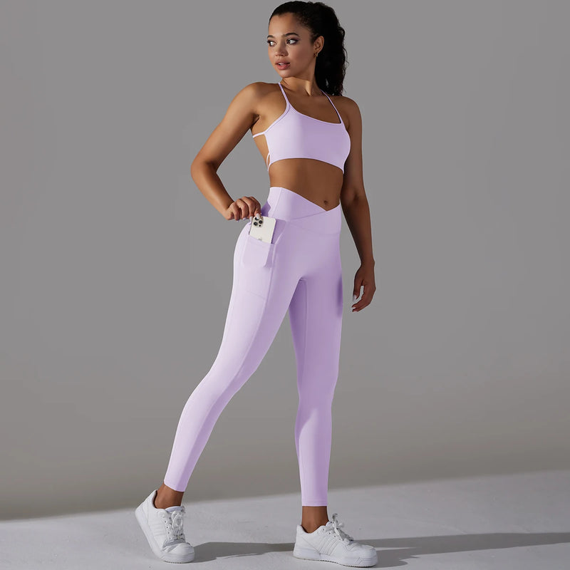 Conjunto Fitness Feminino – Leggings com Bolso e Top Sexy, Levanta Bumbum, Secagem Rápida, Yoga e Corrida