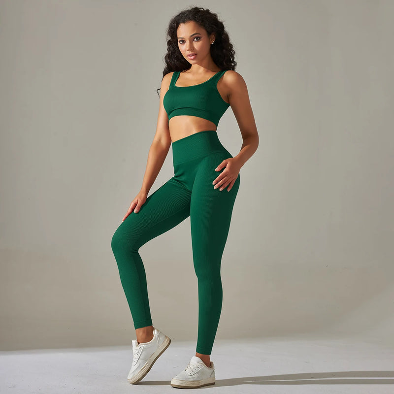 Conjunto Fitness Feminino Ribbed – Top Push-Up e Leggings Sem Costura, Yoga e Treino