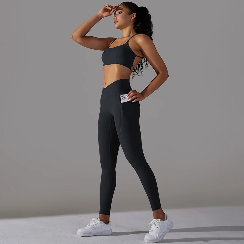 Conjunto Fitness Feminino – Leggings com Bolso e Top Sexy, Levanta Bumbum, Secagem Rápida, Yoga e Corrida