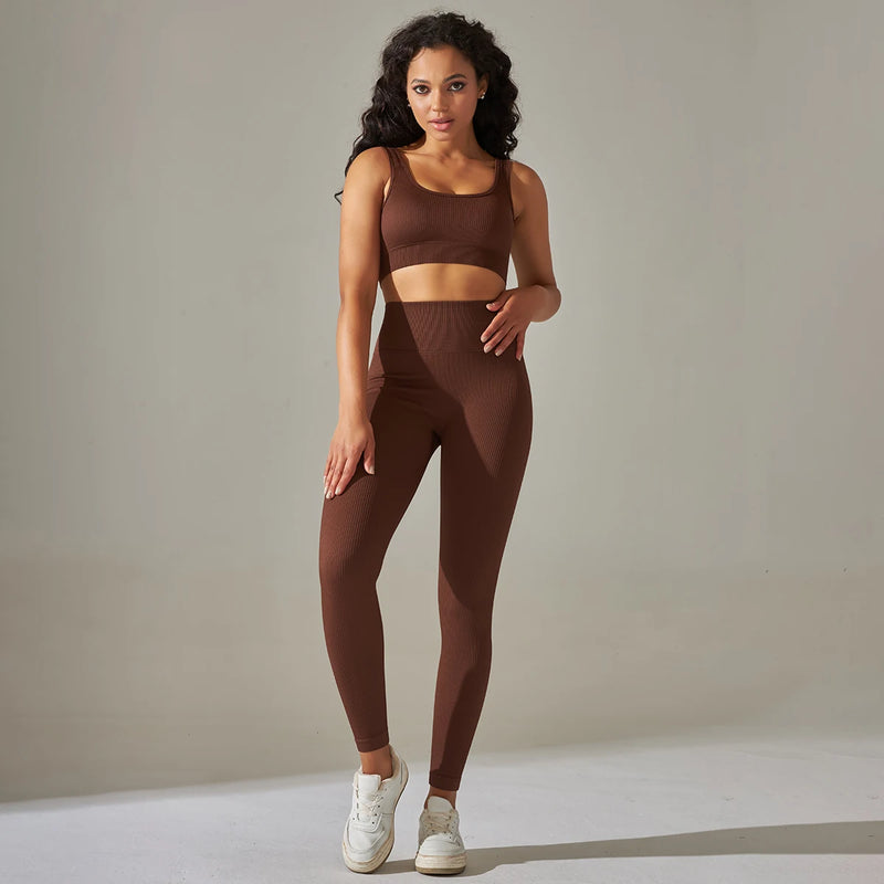 Conjunto Fitness Feminino Ribbed – Top Push-Up e Leggings Sem Costura, Yoga e Treino