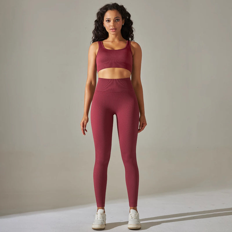 Conjunto Fitness Feminino Ribbed – Top Push-Up e Leggings Sem Costura, Yoga e Treino