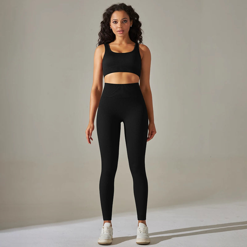 Conjunto Fitness Feminino Ribbed – Top Push-Up e Leggings Sem Costura, Yoga e Treino